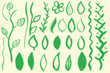 Grunge dry brush leaves set, hand drawn, vector, isolated. Freehand elements for design.