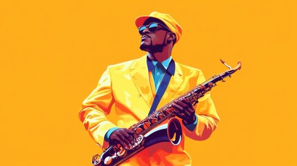 A vibrant illustration of a musician in a yellow suit playing the saxophone against a bright orange...