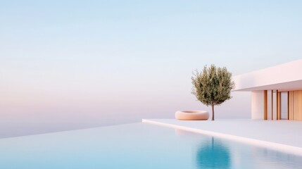 A serene view of a modern minimalist white villa with a swimming pool, featuring clean lines and a tranquil ambiance under a clear blue sky.