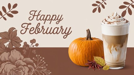 Happy February written Web banner work Pumpkin spice latte and winter month themed slider work