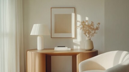 Fototapeta premium A minimalist home office with a wooden desk, a beige chair, and a simple framed artwork. Soft natural light enhances the calm, modern style.