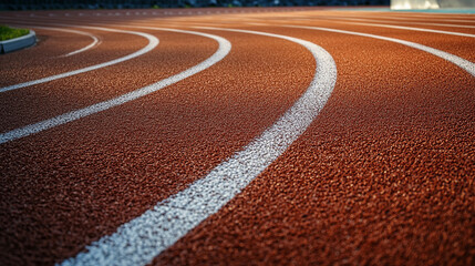 Curved running track features white lines for athletic activities. Generative AI