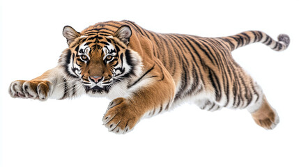 Fototapeta premium Jumping roaring bengal tiger, stripped orange, black and white wild cat animal isolated on white background. big dangerous and powerful jungle predator hunter, aggressive large safari beast.
