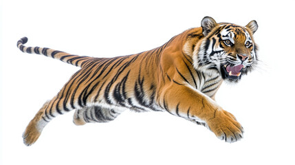 Obraz premium Jumping roaring bengal tiger, stripped orange, black and white wild cat animal isolated on white background. big dangerous and powerful jungle predator hunter, aggressive large safari beast.