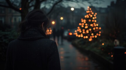 Obraz premium Woman walking alone, Christmas lights, city street, evening