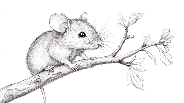 Rat, mouse or mice animal on a tree branch, pencil drawing, isolated on white background. graphic design sketch illustration, hand drawn small cute doodle character.