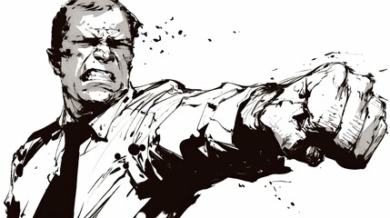 Monochrome illustration of a man expressing rage and throwing a powerful punch