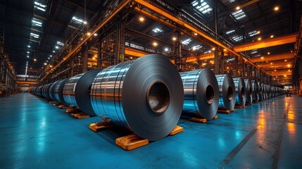 Fototapeta premium A row of large metal spools in a factory setting, highlighting the industrial process of metal production