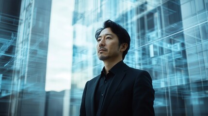 Japanese Male in Holographic Background Portrait Photography