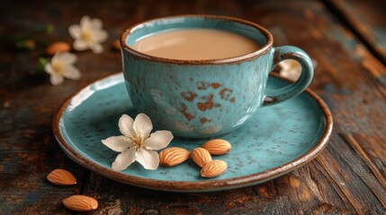 Almond milk coffee cup, rustic wood, spring blossoms, breakfast