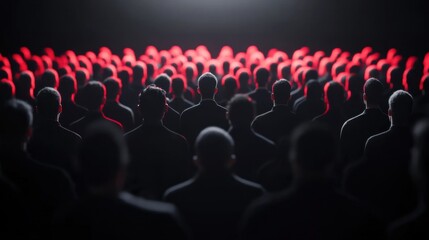 Obraz premium Aerial view of a crowd bathed in red light, creating a dramatic and unified atmosphere.