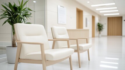 A bright, modern waiting area with two beige chairs and a potted plant, suggesting a calm and inviting atmosphere.