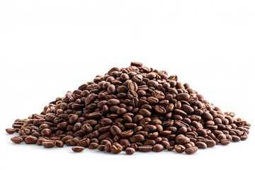 Freshly roasted coffee beans stacked in a mound on a white background