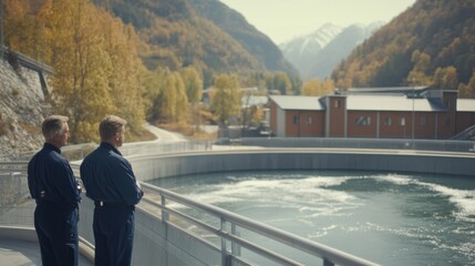 Two workers observe a wastewater treatment plant nestled in a scenic valley with mountains and autumn-colored forests in the background.