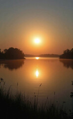 Obraz premium sunset on the river, sunset, water, lake, sky, landscape, sun, nature, river, sunrise, reflection, orange, evening, clouds, calm, dusk, cloud, tree, morning, beautiful, dawn, silhouette, light, trees,