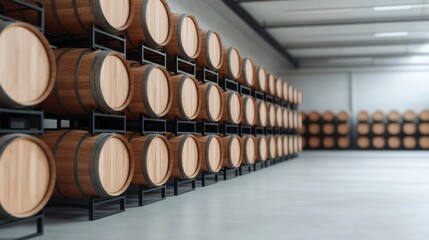 A serene view of wooden wine barrels neatly stacked in an old wine cellar, evoking a sense of tradition and craftsmanship.