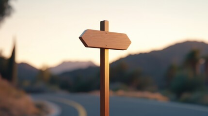 A wooden signpost stands beside a winding road stretching into a desert landscape at sunset, creating a serene and adventurous mood.