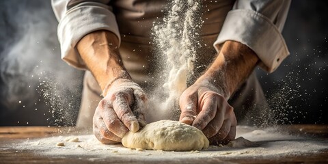 Hands kneading dough on a wooden surface with flour dust in a warm kitchen setting during the day