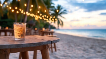 A beach party at twilight with blurred people, cozy string lights, and a drink on a wooden table, evoking a serene and festive atmosphere.