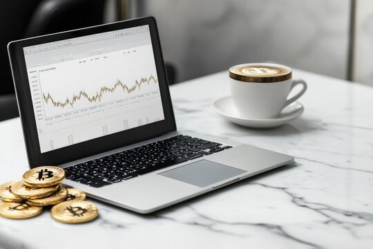 Modern workspace features coffee, laptop displaying financial da