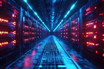 Obraz premium Illuminated corridor lined with high-tech servers radiating vibr
