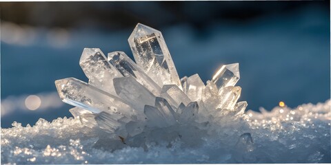 Obraz premium Natural crystal formation resting on a snowy surface during the daylight capturing intricate details of the ice-like structure wallpaper background
