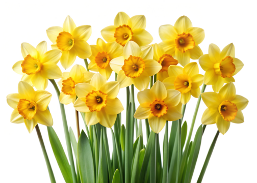 Bright yellow daffodils in full bloom create a vibrant spring bouquet displayed against a simple white background