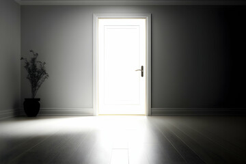 Bright light from open door in dark room, plant in corner, wood floor.  Hope, new beginnings, opportunity, future, potential, website design