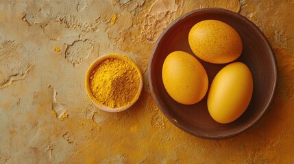 Brightly colored eggs alongside vibrant turmeric powder on textu