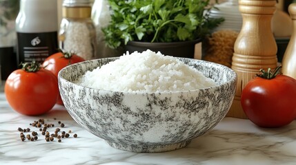 Cooked rice bowl kitchen scene food prep