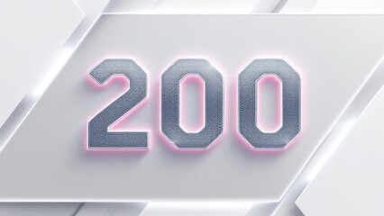 Metallic silver number 200 with a pink glow on a white geometric background with angled panels
