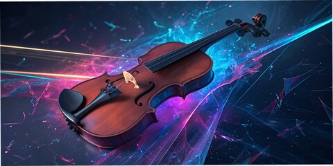 Fototapeta premium Violin resting on a colorful background with abstract light effects illuminating its curves in a dynamic and artistic composition wallpaper background
