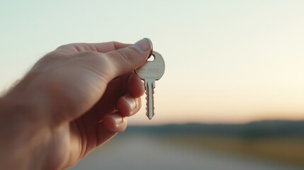 A hand holds a key against a blurred background of a house, symbolizing home ownership or real estate. The scene conveys a sense of accomplishment and transition.