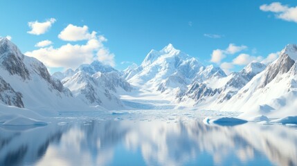 Obraz premium A serene Arctic winter landscape featuring large glaciers and a frozen sea under a clear blue sky, with snow-capped mountains reflected in calm waters.