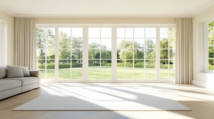 Fototapeta premium Bright and spacious living room with large windows overlooking a lush garden. Minimalist design with neutral tones and soft lighting.