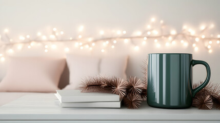 Cozy winter scene books, mug, and pine cones on a table with fairy lights and pillows in the background, ideal for blogs or websites promoting relaxation and comfort
