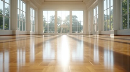 Fototapeta premium An elegant, sunlit museum hall with large windows casting soft light across a polished wooden floor, creating a serene and open atmosphere.