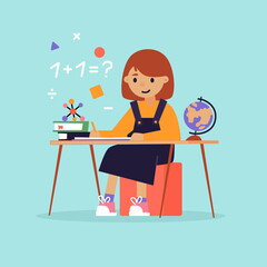 Children's education. Chemistry, geography, mathematics. Girl doing homework. Preparation for school. Flat design vector illustration.