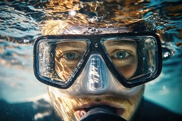 Diving enthusiast captured underwater, showcasing vibrant reflec