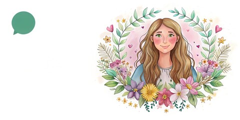 Beautiful illustration of a young woman surrounded by a vibrant floral wreath, conveying feelings of joy and nature's beauty