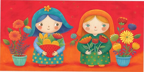 Fototapeta premium Colorful illustration of two girls holding vibrant flowers against a cheerful background with a warm color scheme