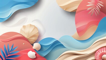 A vibrant summer beach background banner featuring bright blue skies, golden sands, and the sparkling ocean, evoking the essence of a perfect sunny day and tropical getaway with vivid colors