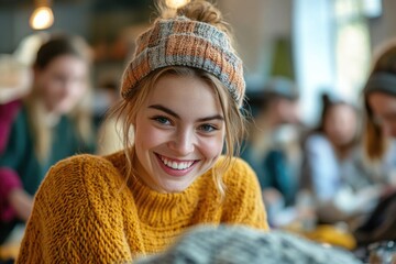 Bright smile radiates warmth in cozy café setting, capturing joy
