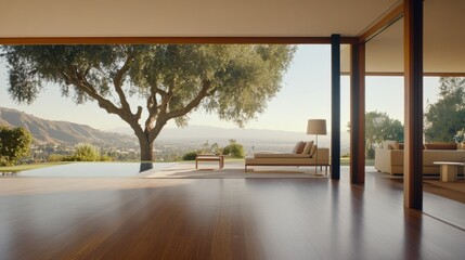 Fototapeta premium A lavish outdoor garden scene in the morning features a modern patio with teak furniture and an expansive view of mountains and lush greenery.