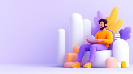 A modern vector illustration showing a man with a beard reading a document, surrounded by abstract shapes in a minimalist, pastel, and cheerful setting.
