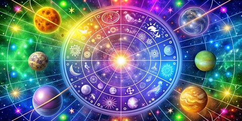 Colorful cosmic wheel featuring astrological signs, planets, and celestial symbols in a vibrant galaxy background
