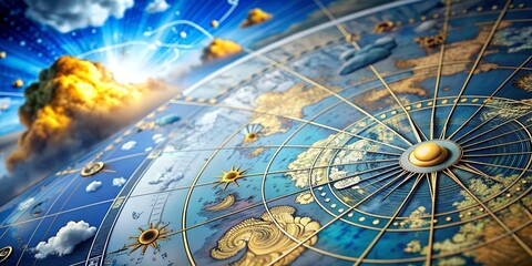 Astronomical map depicting celestial navigation and weather patterns with clouds and sunlight breaking through