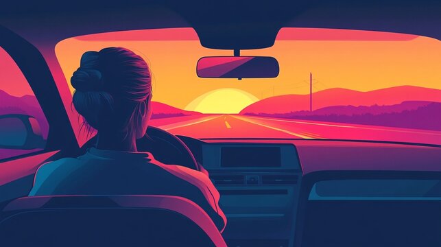 Minimalist vector illustration of a driver steering towards a vibrant sunset on an open road with a wide horizon