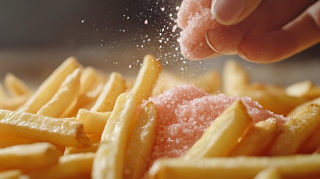 Hand sprinkling pink salt on fries, kitchen, close-up, food photography