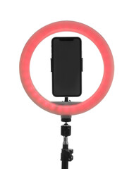 Tripod with ring light and smartphone isolated on white